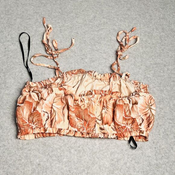 Forever 21 Womens Small Beige Print Crop Top Tie Strap Smocked Boho Coquette - Picture 6 of 12